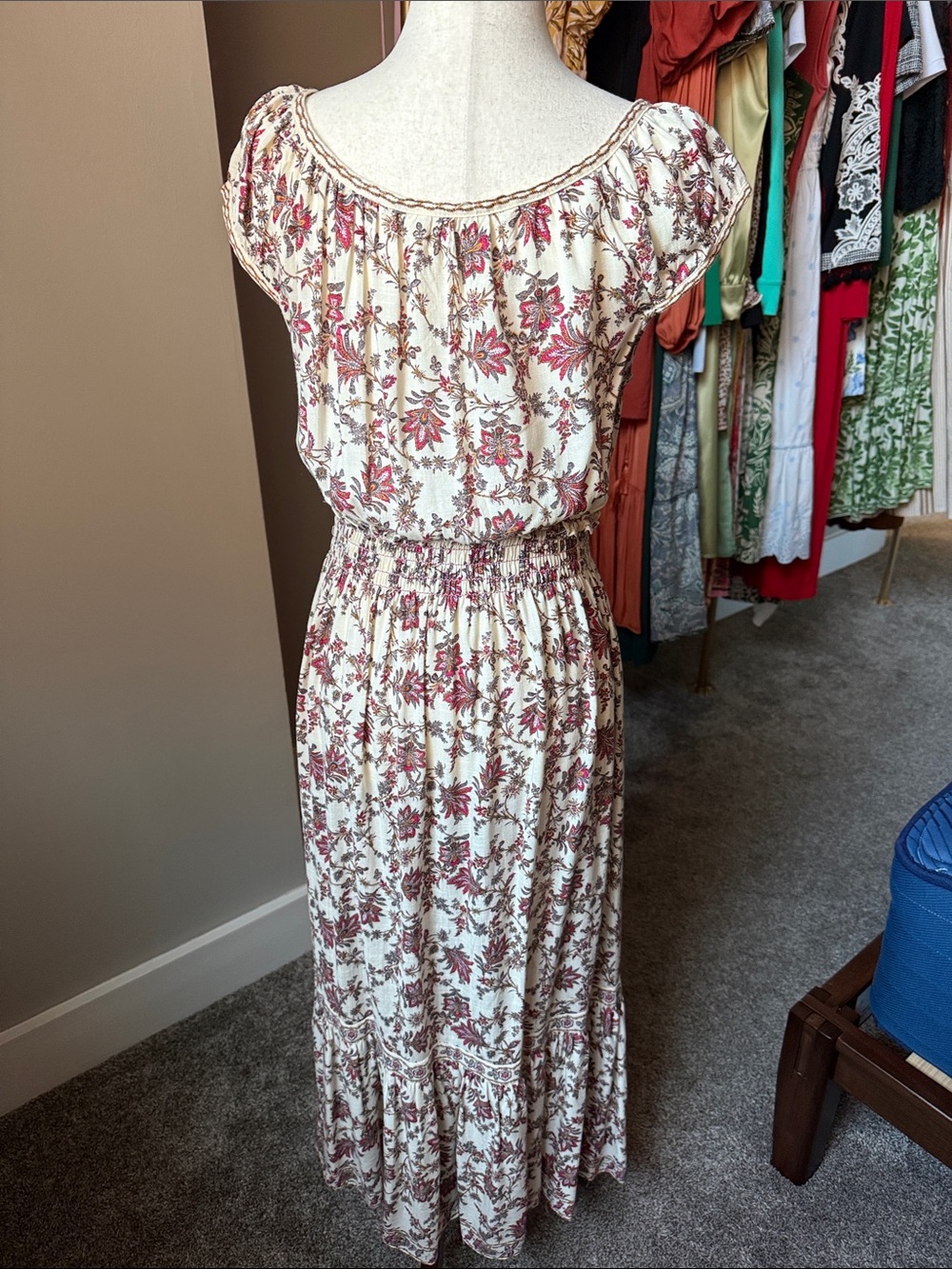 Max Studio Cream Maxi Dress with Burgundy Floral Print - Picture 3 of 3